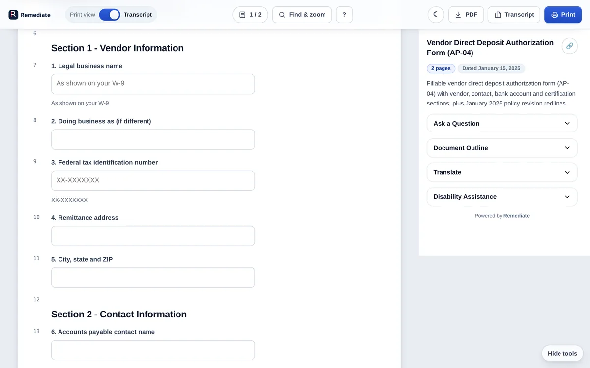 The vendor direct deposit form in Remediate, with labelled fillable fields.
