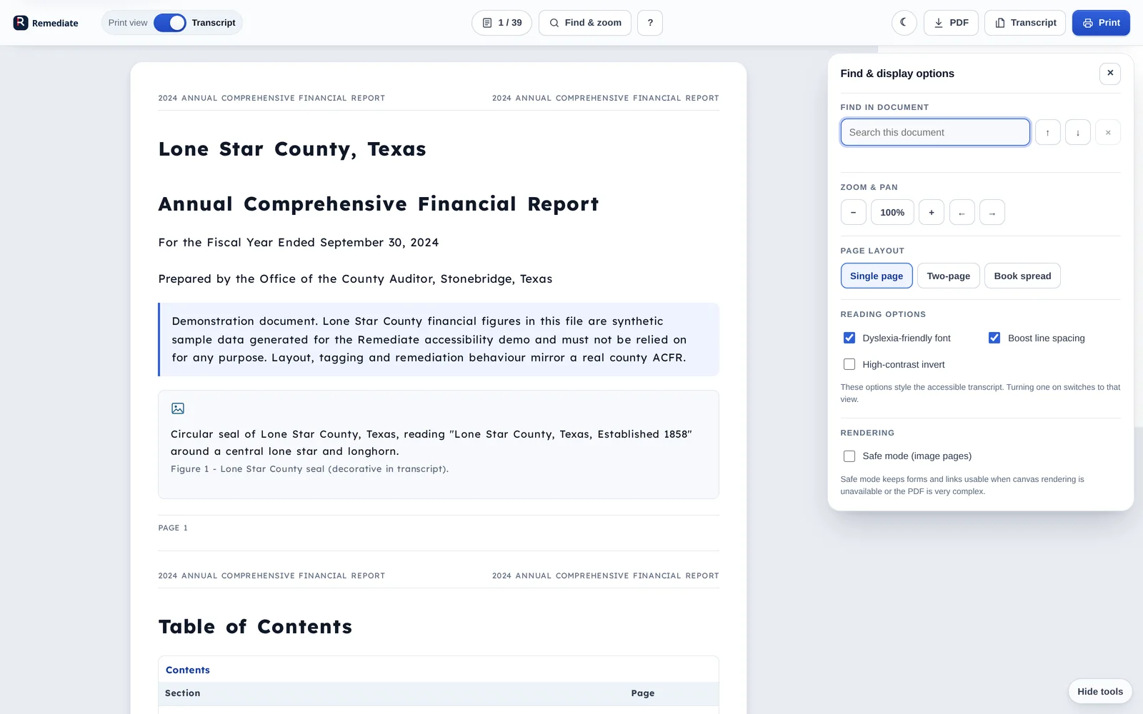 The Find and display panel open over the transcript, with the dyslexia-friendly font applied.